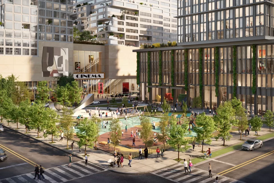 Rendering of Innovation QNS with landscaped open public space on corner and glass-clad building
